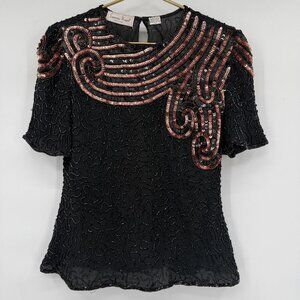 Art Deco Gatsby Laurence Kazar Beaded Evening Top Black & Rose Gold P/L